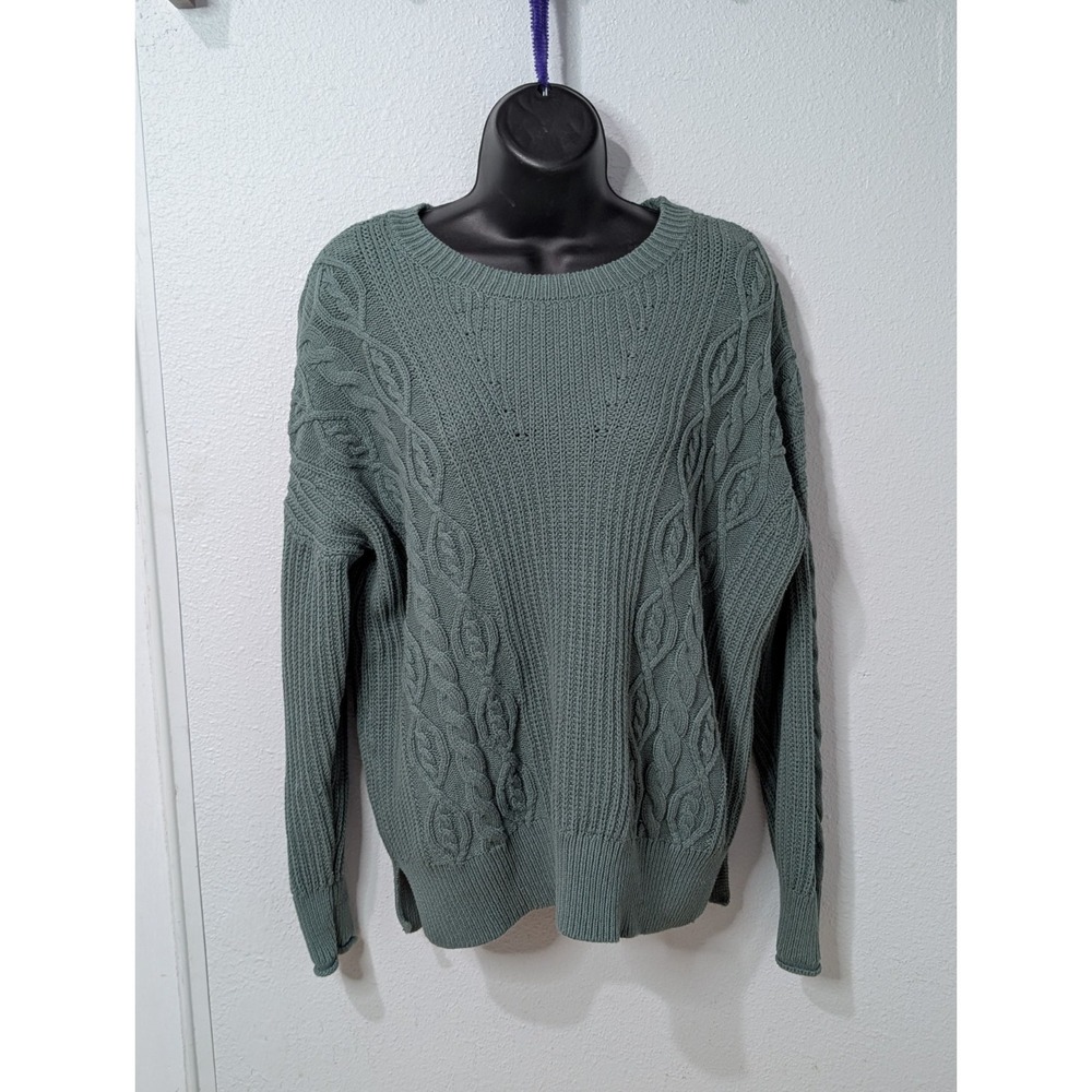 Aeropostale Cable Knit Sweater Crewneck Sage Pullover Relaxed Side‎ Slits W's M